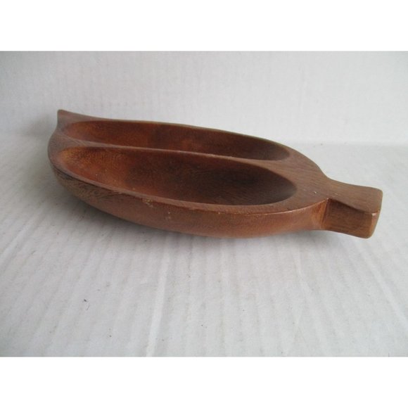 *Monkey Pod Wood Serving Dish Leaf Shape 2 Compartment Candy Nuts - Philippines - Picture 4 of 6